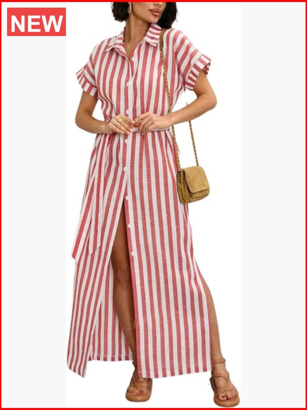 Striped Button-Front Maxi Shirt Dress - Red & White